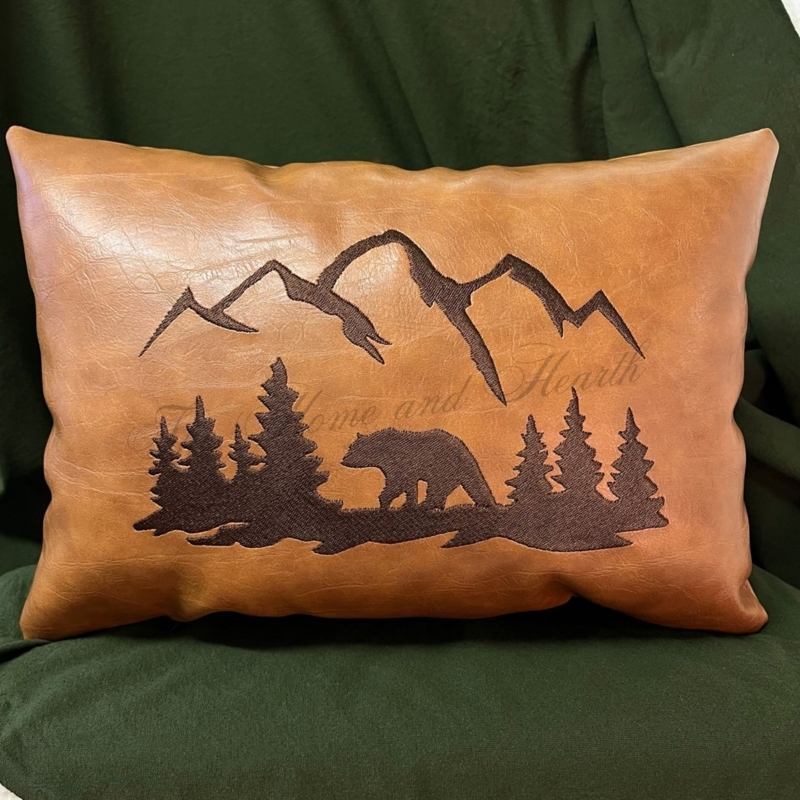 Rustic Cabin Throw Pillow with Leather-Like Bear Appliqué Motif
