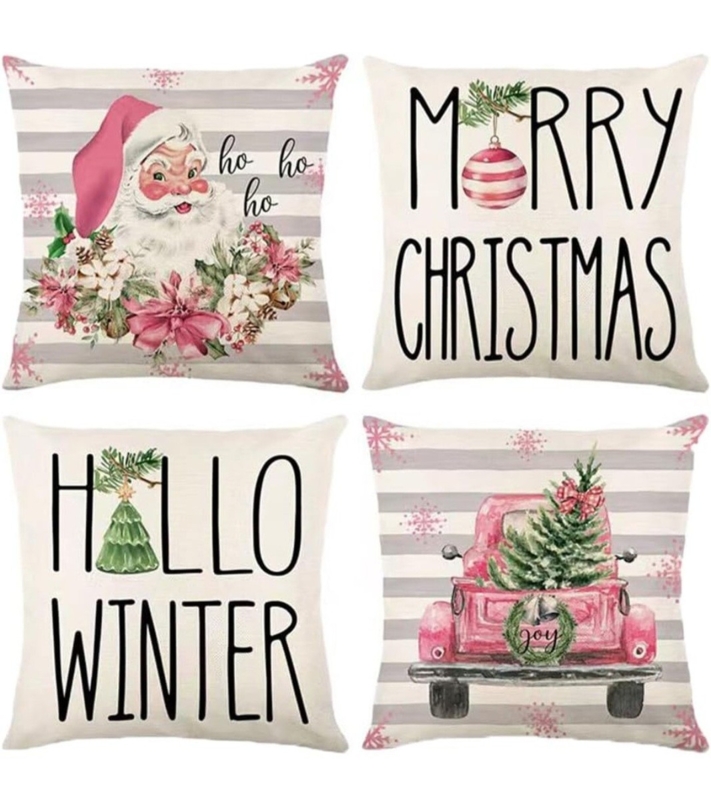 Rustic Farmhouse Throw Pillow Covers Set of 4 Linen-Like Motifs