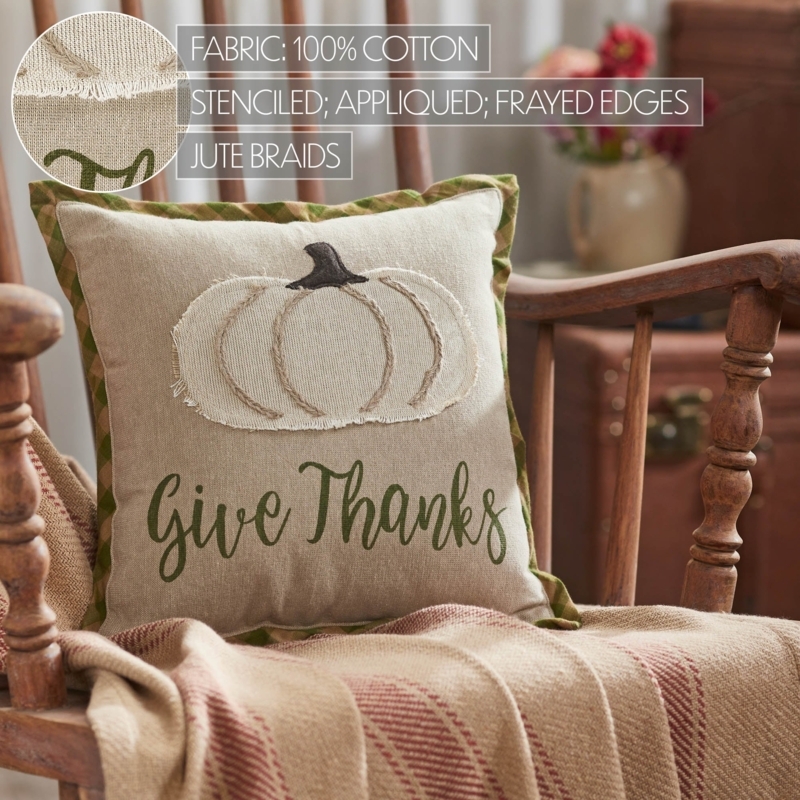 Rustic Farmhouse Throw Pillow: Pumpkin Applique, Plaid Border.