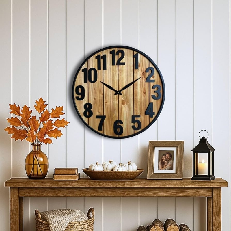 Rustic Farmhouse Wall Clock Decor Large Wooden Roman Numeral Natural