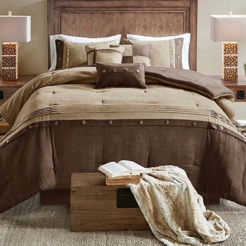 Rustic Lodge Comforter Set Faux Suede Color Block Embroidered Details