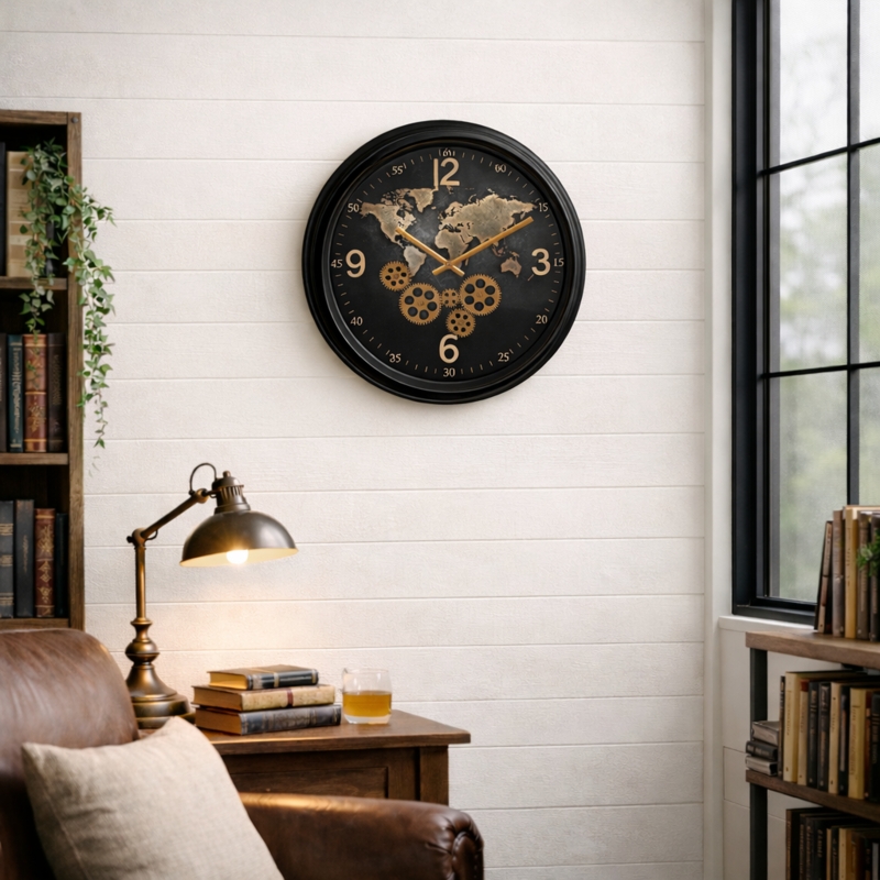 Rustic Metal and Wood Wall Clock World Map Detail Exposed Gears
