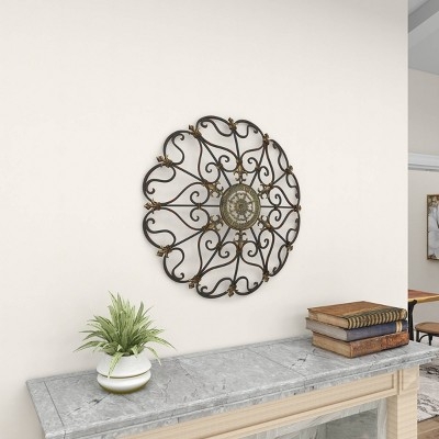 Rustic Metal Floral Wall Decor: Distressed Round Medallion, Openwork.