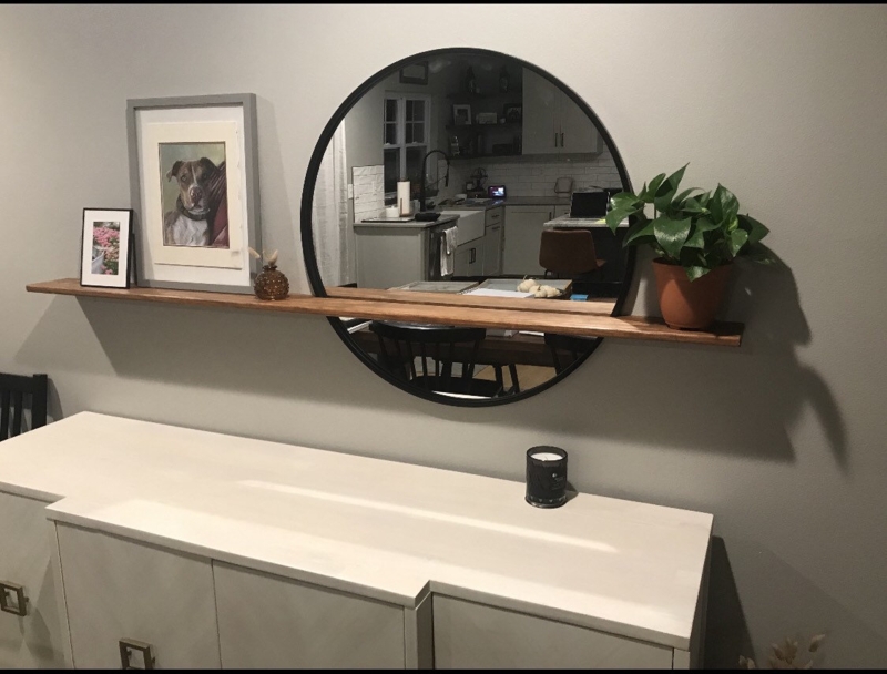 Rustic Modern Wood Toned Rectangular Wall Mirror with Integrated Shelf