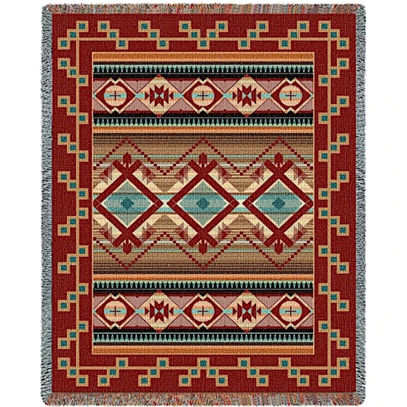 Rustic Throw Blanket with Turquoise Geometric Pattern and Fringe