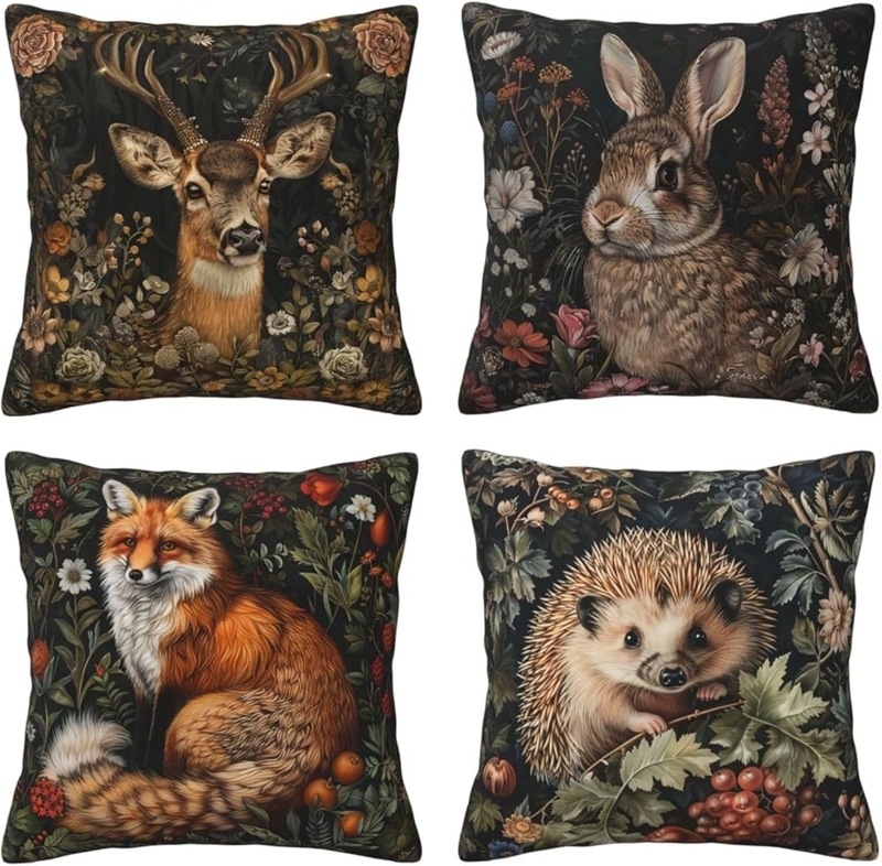 Rustic Throw Pillow Cover Set of 4 Vintage Woodland Animals