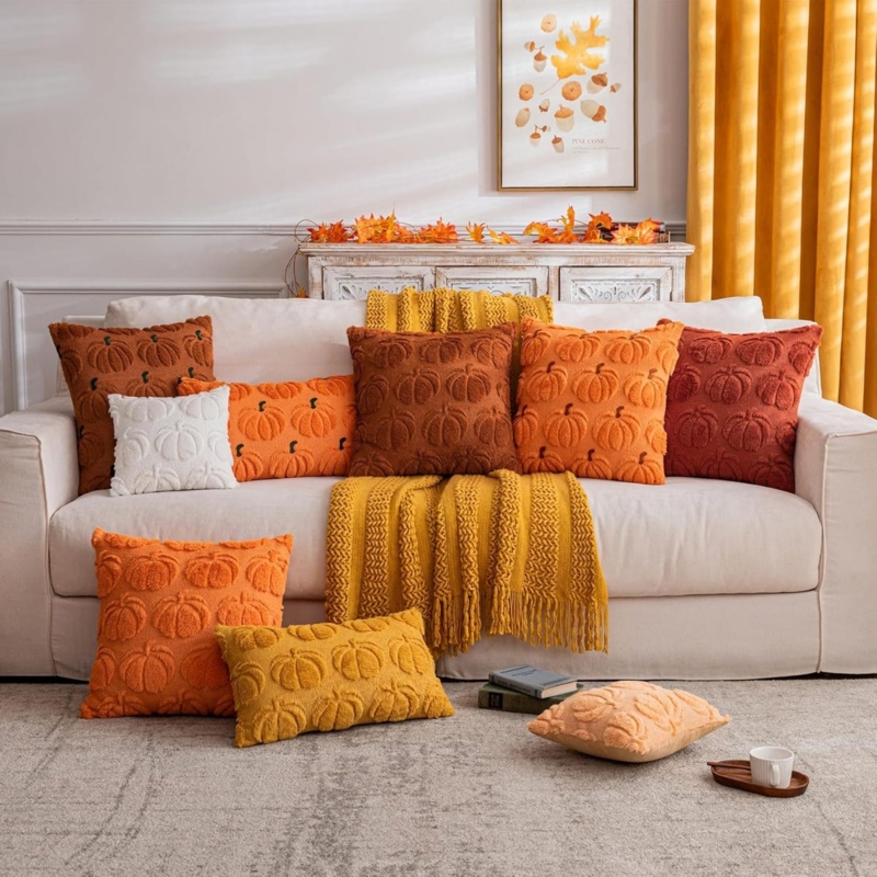 Rustic Throw Pillow Covers Pumpkin Motif Botanical Print Tasseled Trim