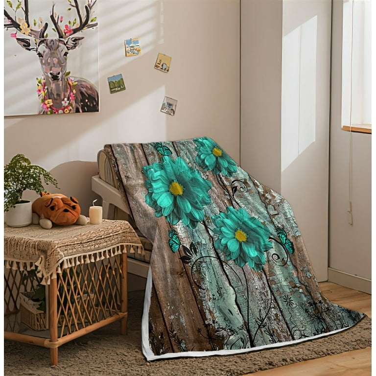 Rustic Turquoise Floral Throw Blanket, Fleece