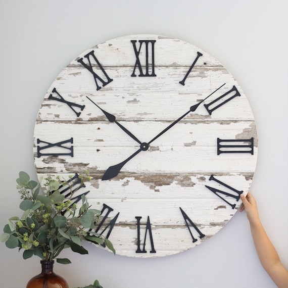 Rustic Wall Clock with Chippy White Finish on Plank Wood Face