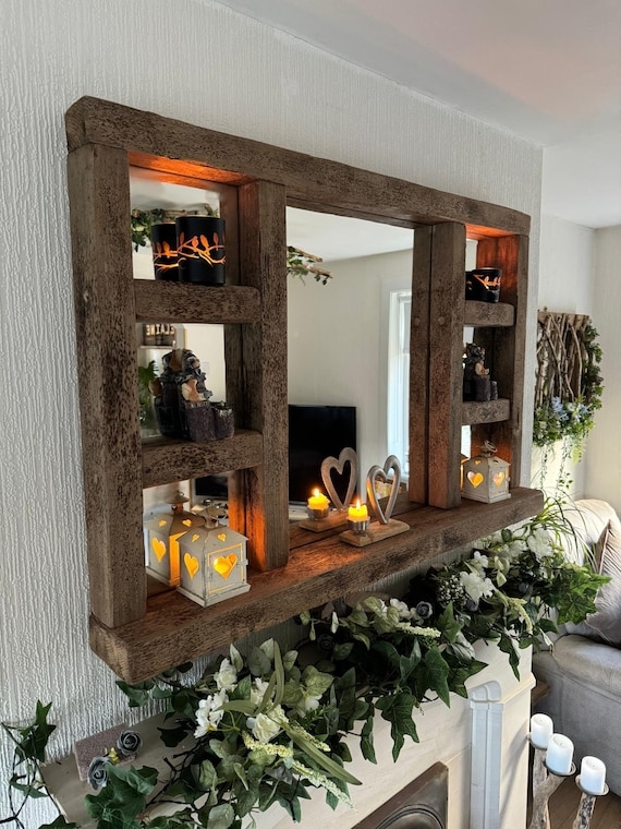 Rustic Wall Mirror Driftwood Finish with Open Cubbie Shelves