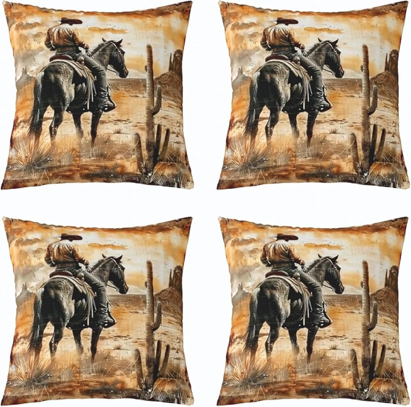 Rustic Western Throw Pillow Covers with Vintage Desert Illustrations