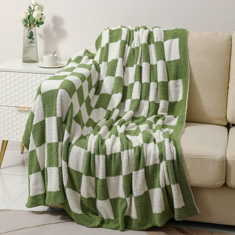 Sage Green Checkered Throw Blanket, Soft Knit Fabric, Fringeless