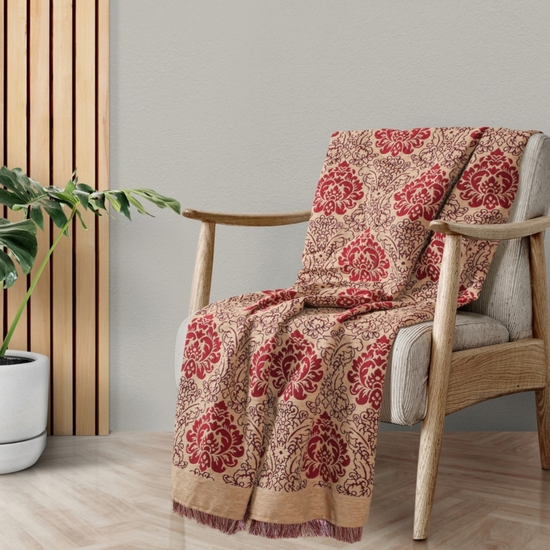 Sage Green Damask Jacquard Throw Blanket, Chenille, Vintage Style Throw