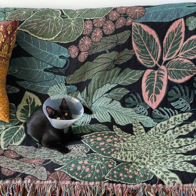 Sage Green Monstera Leaf Pattern Woven Throw Blanket with Fringe