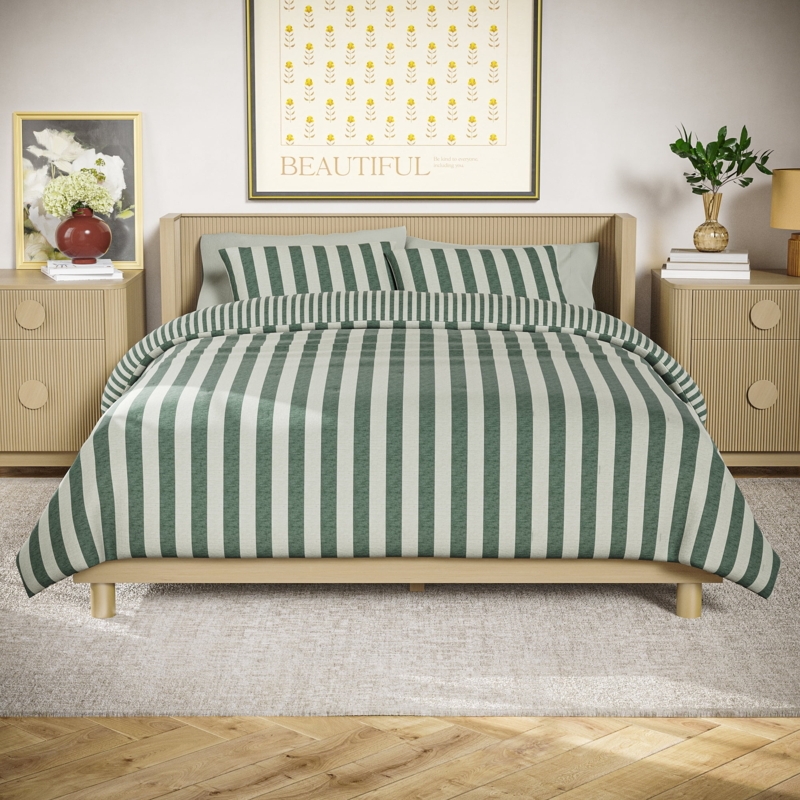Sage Green Striped Cotton Comforter Set, Organic Modern Bedroom Design