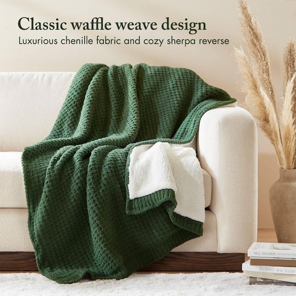 Sage Green Waffle Knit Throw Blanket, Chenille-Like Fabric