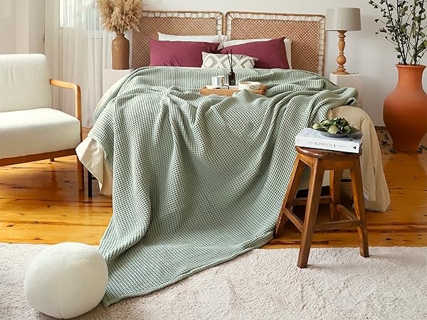 Sage Green Waffle Throw Blanket with Tasseled Edge Details