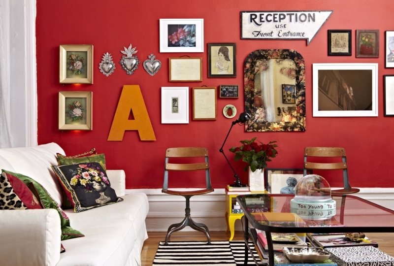 Saturated Red Walls Living Room with Gray Sectional Sofa Ideas