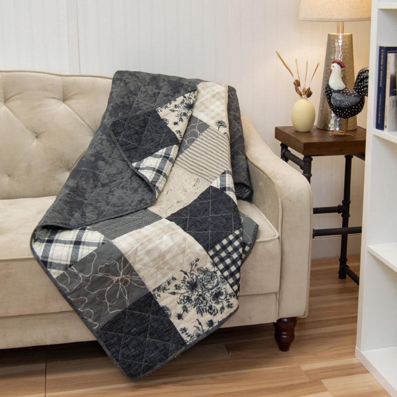 Scalloped Border Pieced Quilted Throw, Navy Burgundy Floral Patchwork