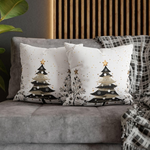 Scandinavian Minimalist Throw Pillow: Black and White Holiday Print.