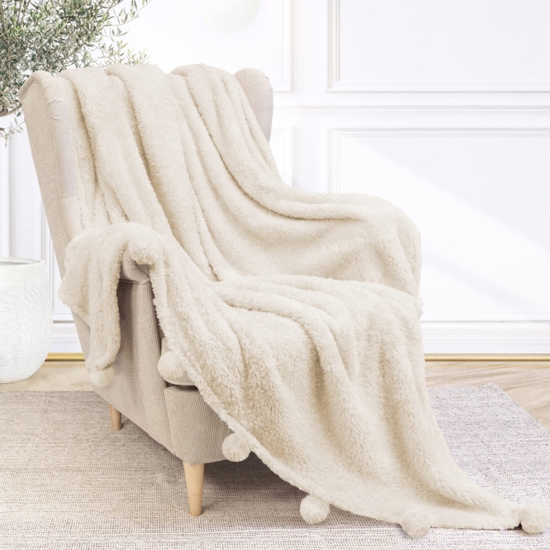 Scandinavian Style Throw Blanket, Cream Sherpa with Pom Pom Trim