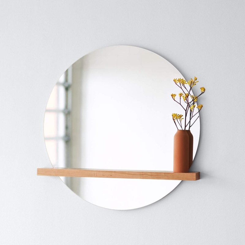 Scandinavian Wood Toned Circular Wall Mirror with Integrated Shelf