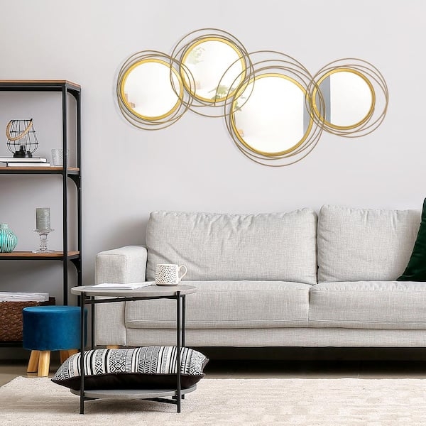 Sculptural Mirror Wall Decor: Gold Metal Discs, Textured Finish Set.