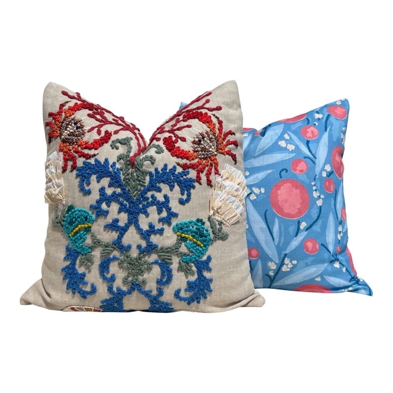 Sea Life Embroidered Throw Pillow, Coral & Pink Motifs, Cream Linen-Like