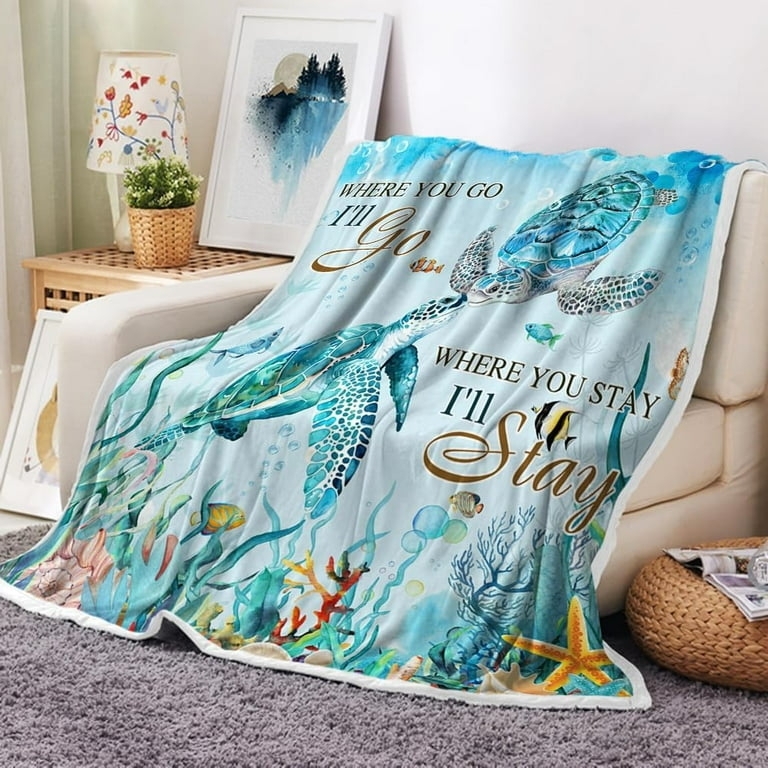 Sea Turtle Illustration Throw Blanket, Ocean Themed Fleece