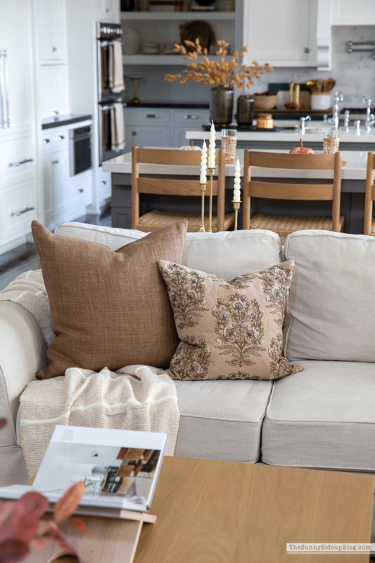 Sectional Sofa Chunky Knit Throw Fall Color Palette Layered Pillows
