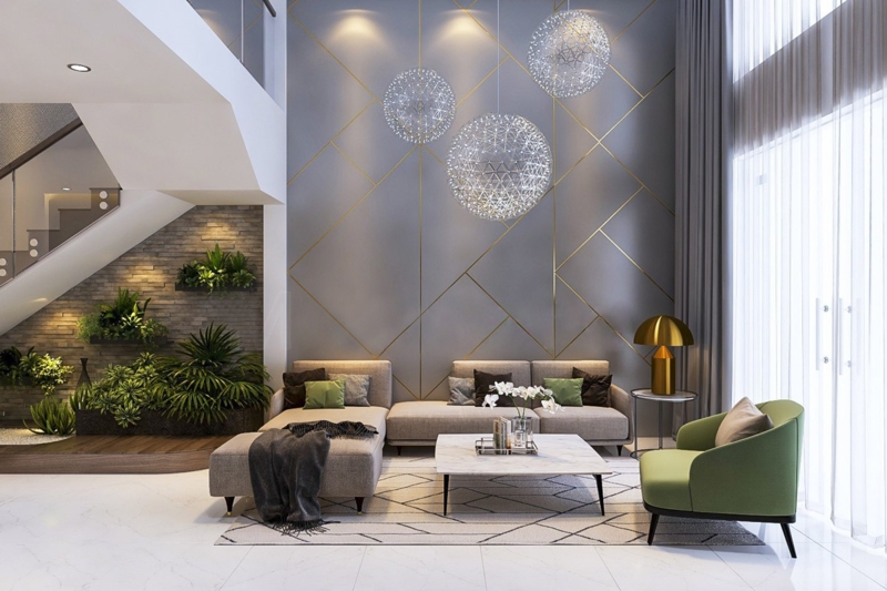 Sectional Sofa: Grey Sectional against Geometric Wall Molding