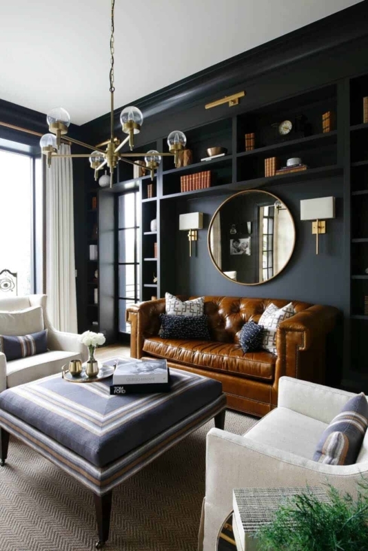 Sectional Sofa Scene: Dramatic Black Wall with Integrated Blinds