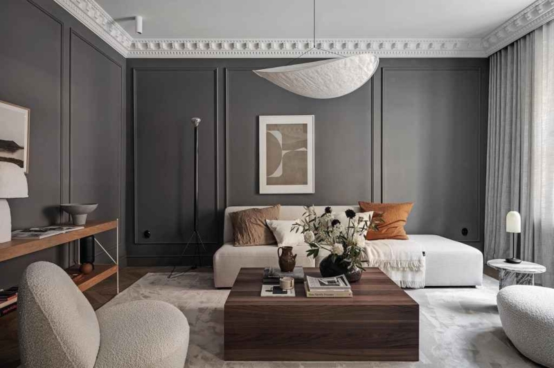 Sectional Sofa: White Modular Sofa against Charcoal Grey Walls