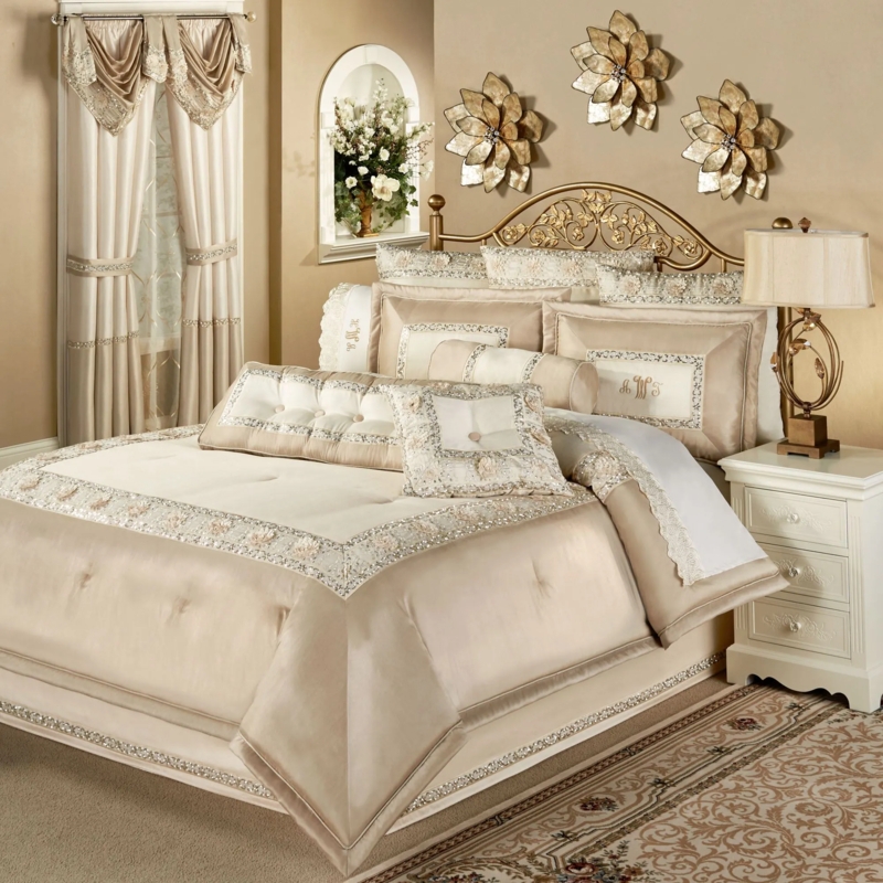 Sequined Comforter Set Scalloped Detailing Glamorous Cream Bedding