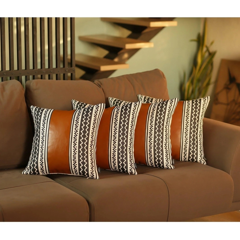 Set of 4 Pillows: Tan Faux Leather, Woven & Geometric, Farmhouse Decor