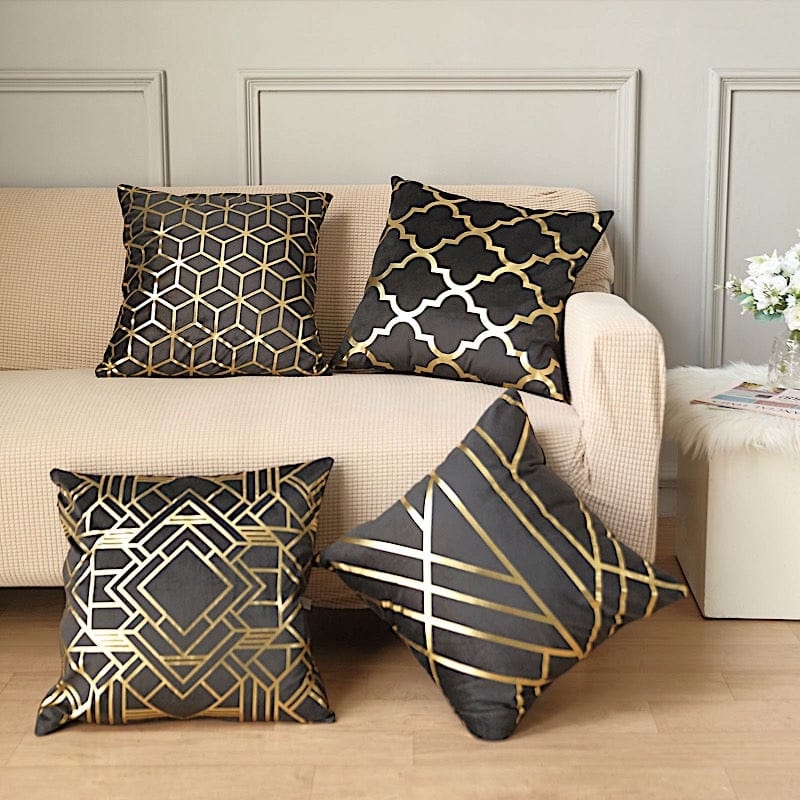 Set of 4 Throw Pillow Covers, Black Velvet Gold Foil Geometric Print