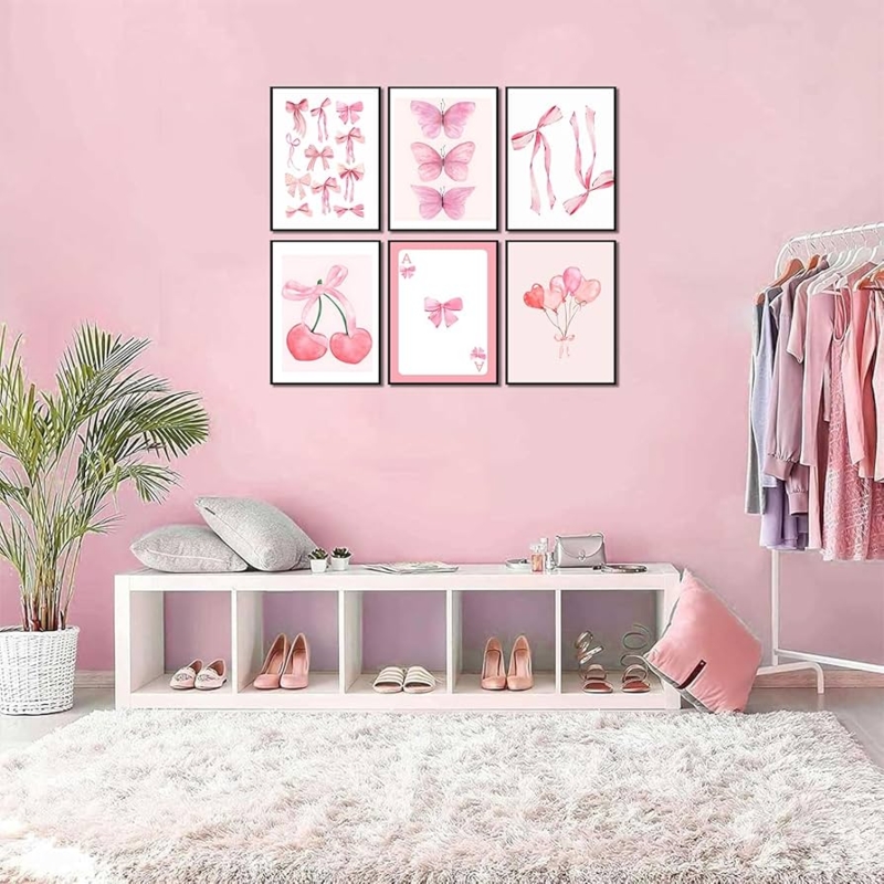 Set of Six Watercolor Bow Wall Art Prints Coquette Room Decor