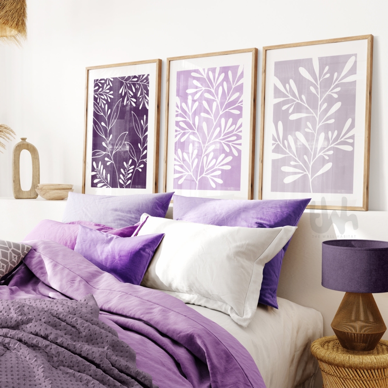 Set of Three Wall Art Prints Lilac Botanical Light Wood Frames