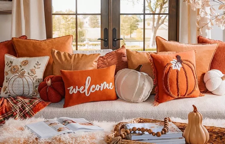 Set of Throw Pillows with Seasonal Plaid and Rust tones