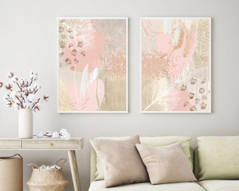Set of Two Abstract Wall Art Prints Fluid Pink Gold Frames
