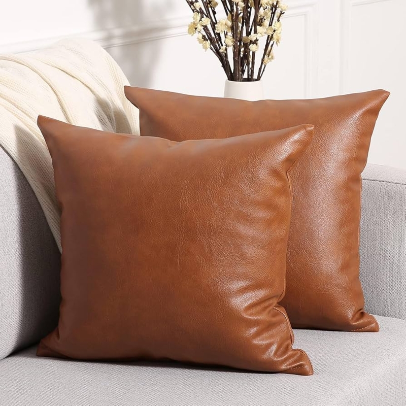 Set of Two Pillows: Brown Faux Leather, Grained Texture, Earthy Accents