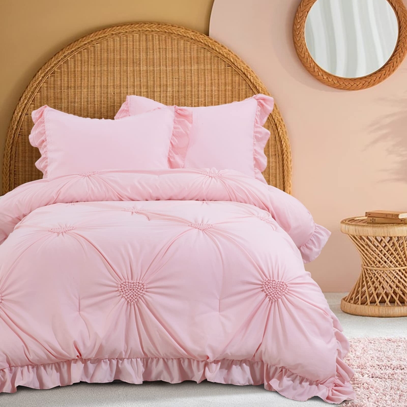 Shabby Chic Comforter Set with Pinch Pleat and Ruffle Trim