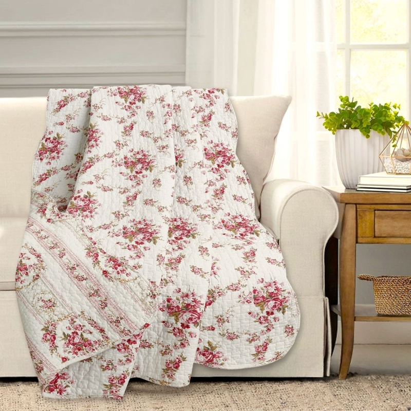 Shabby Chic Floral Quilted Throw, Vintage Rose Patchwork, Scalloped Edge