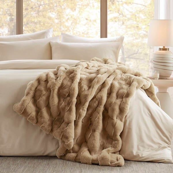 Shaggy Faux Fur Throw Blanket, Tan, Double-Sided with Soft Sheen (63 chars)
