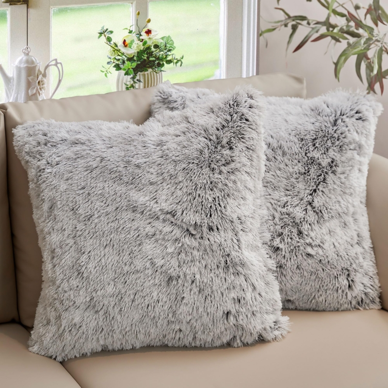 Shaggy Faux Fur Throw Pillows in Monochromatic Gray