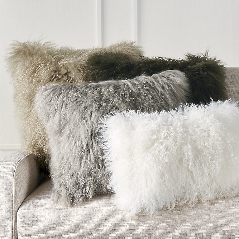 Shaggy Mongolian Fur Pillows, Ivory Crimped Texture