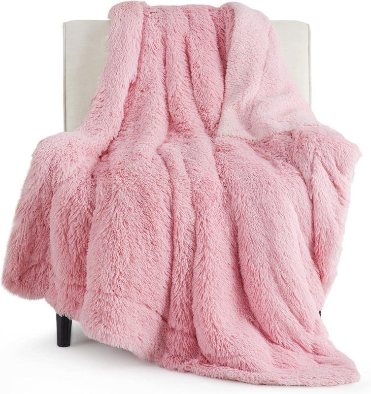 Shaggy Pile Throw Blanket, Blush Pink Faux Fur. Cozy Pink Faux Fur Throw