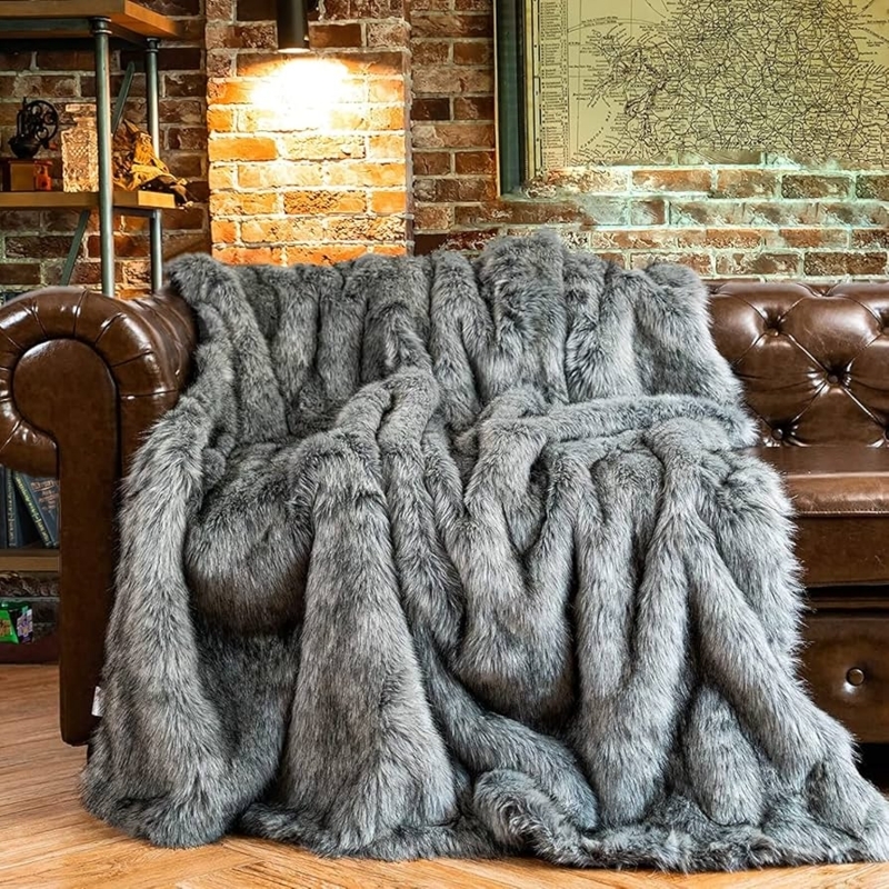 Shaggy Silver Grey Faux Fur Throw Blanket with Black Tips
