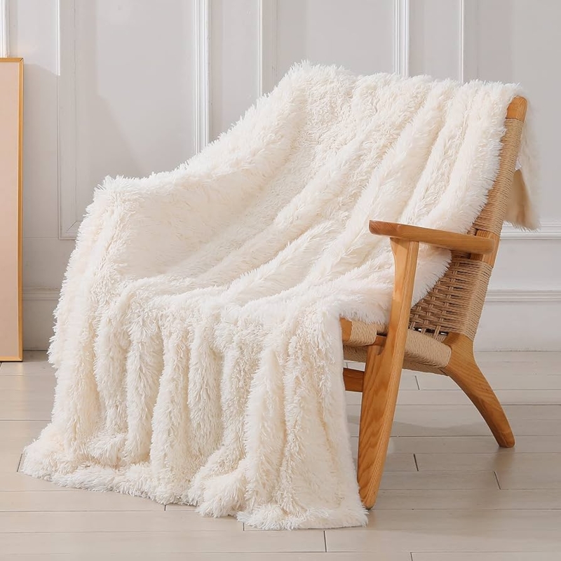 Shaggy Throw Blanket Cream White Long Hair Pile Faux Fur Sofa Styling