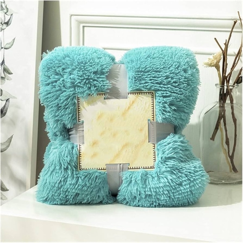Shaggy Throw Blanket Cyan Blue High Pile Faux Fur Look